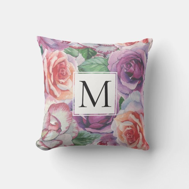 Cojín De Exterior Rosas de acuarela y floral monogramo (Anverso)