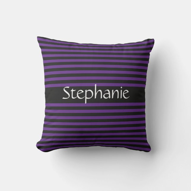 Cojín De Exterior Royal Purple Black Stripes White Custom Name (Anverso)