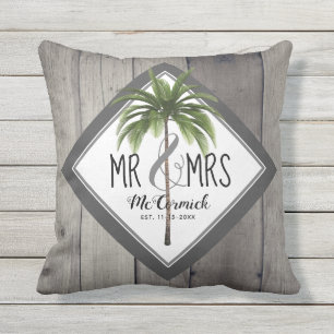 Cojín De Exterior Rustic Mr. Y Mrs. Gray Monogram Palm Tree