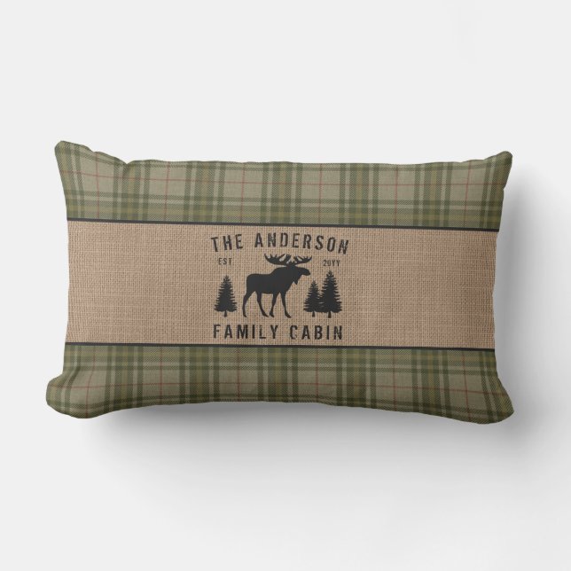 Cojín De Exterior Rústica familia Cabina Moose Pine Green Plaid Burl (Anverso)