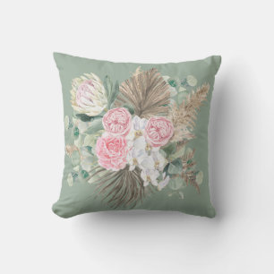 Cojín De Exterior Rústico Boho Verde Rosa Floral Pampas Verdor