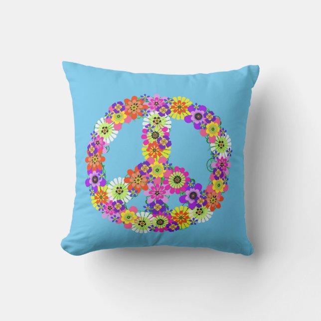 Cojín De Exterior Signo de paz floral sobre azul (Anverso)
