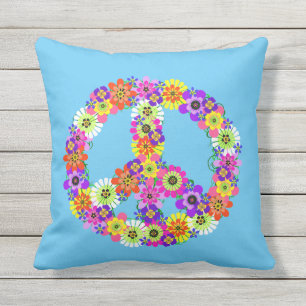 Cojín De Exterior Signo de paz floral sobre azul