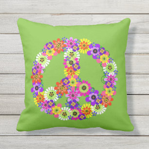 Cojín De Exterior Signo de paz floral sobre el verde animado