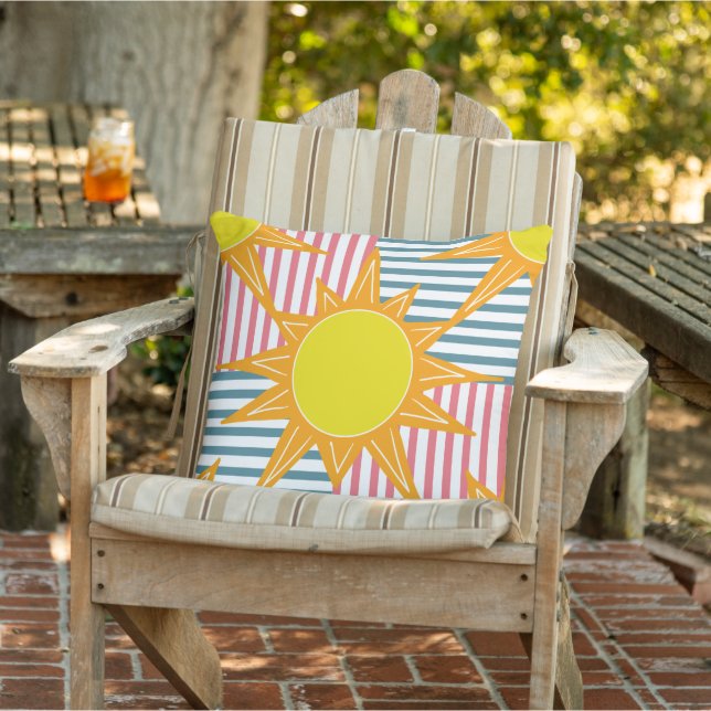 Cojín De Exterior Sunny naranja amarillo sol blanco, franjas rosadas (Silla)