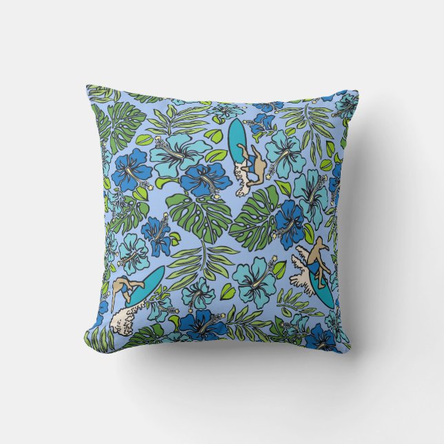 Cojín De Exterior Surf Pareau Hawaiian Hibiscus Surfing - Turquesa (Anverso)