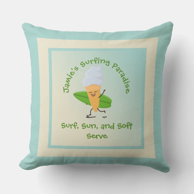Cojín De Exterior Surfista humorística de helado con nombre de tabla (Anverso)
