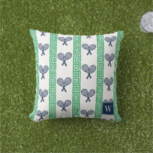 Cojín De Exterior Tenis Raya Griega - Monograma Azul Marino y Verde