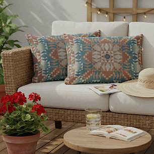 Cojín De Exterior Terracota Marrón Rojo Beige Verde azulado Arte Tri