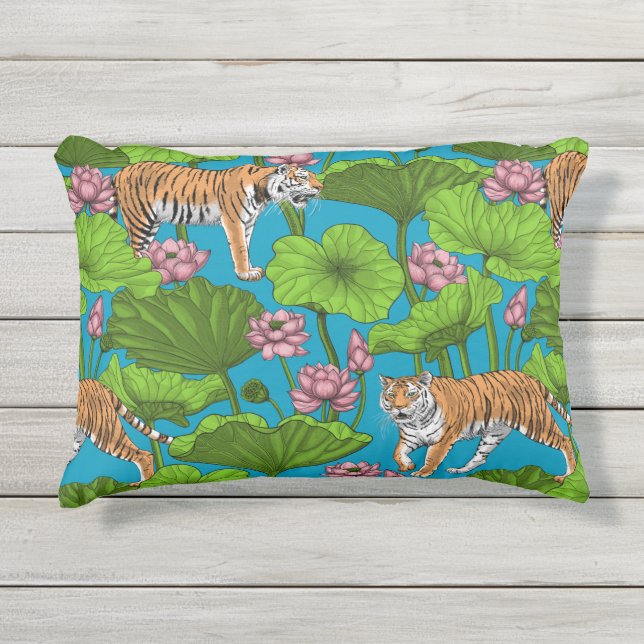 Cojín De Exterior Tigres en el estanque rosado de loto (Anverso)