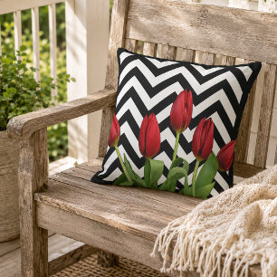 Cojín De Exterior Tulipanes rojos holandeses patrón zigzag moderno b