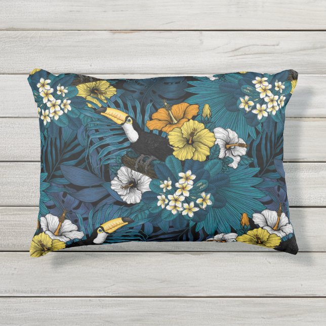 Cojín De Exterior Turcanos y flora tropical, azul , amarillo , naran (Anverso)