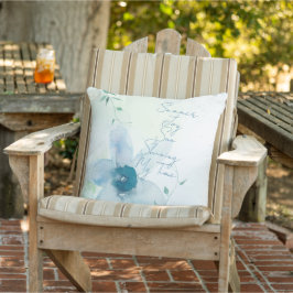 Cojín De Exterior Verano Texto Azul Acuarela Floral Pintado a Mano