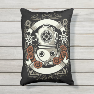 Cojín De Exterior Victoria Steampunk Deep Sea Diver Roses Rojos