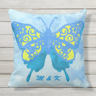 Cojín De Exterior Vintage amarillo azul Handpaint de la mariposa de