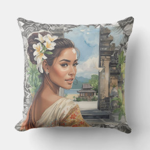 Cojín De Exterior Vintage, encantadoras mujeres de Bali y paraíso tr