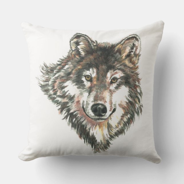 Cojín De Exterior Watercolor Gray Wolf Head Art (Anverso)