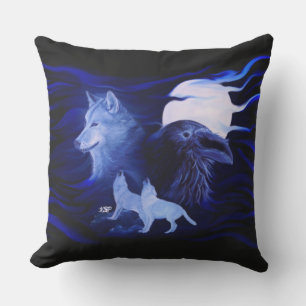 Cojín De Exterior Wolf y Raven con luna llena