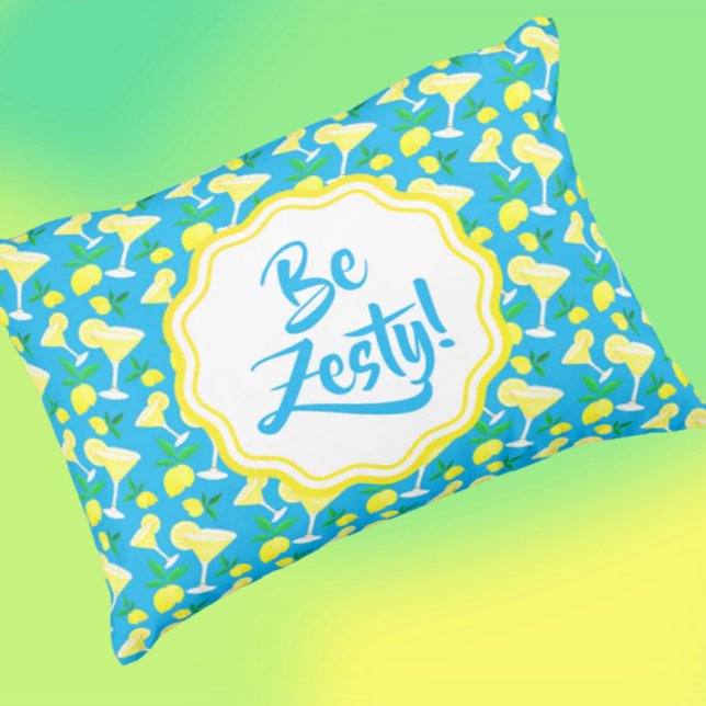 Cojín De Exterior Zesty Lemon Drops Lemons Caribbean Blue  (Words to live by!)