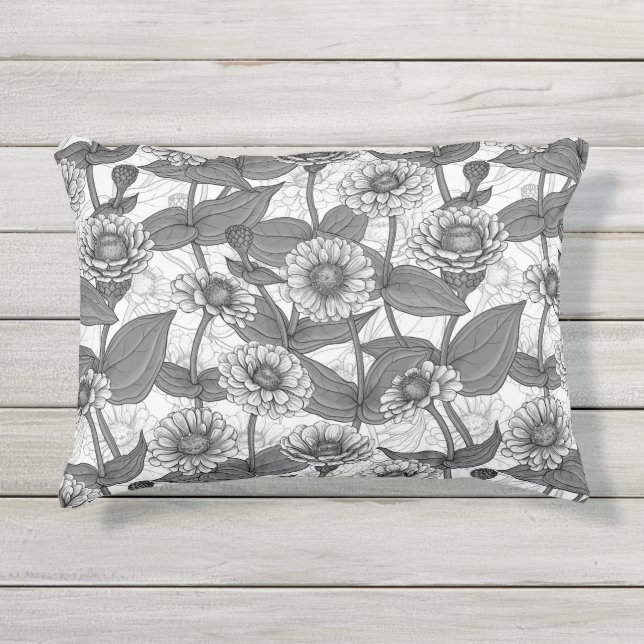 Cojín De Exterior Zinnias, monocromo en blanco (Anverso)
