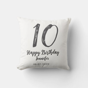 Cojín Decorativo 10.º cumpleaños añadir nombre fecha año negro plan