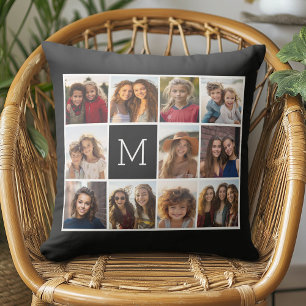 Cojín Decorativo 11 Collage de cuadrícula de fotos con monograma