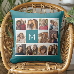 Cojín Decorativo 11 Collage de cuadrícula de fotos con monograma