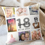 Cojín Decorativo 18th birthday custom photo collage girl white<br><div class="desc">A unique gift for a girl's 18th birthday, celebrating her life with a collage of 8 of your own photos, pictures. Personalize and add her name, age 18 and a date. A chic white background. Gray and black letters and numbers. The name is written with a modern hand lettered style...</div>