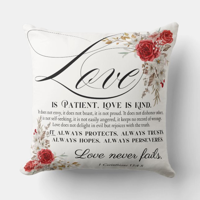 Cojín Decorativo 1 Corintios 13:4-8 El amor es la flor bíblica del  (Anverso)