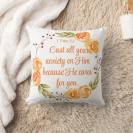 Cojín Decorativo 1 Peter 5:7 Escritura de Biblia Floral Naranja