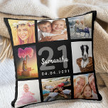 Cojín Decorativo 21st birthday custom photo collage girl black<br><div class="desc">A unique gift for a young womans 21st birthday, celebrating her life with a collage of 8 of your own photos, pictures. Personalize and add her name, age 21 and a date. A chic black background. Gray and white letters and numbers. The name is written with a modern hand lettered...</div>