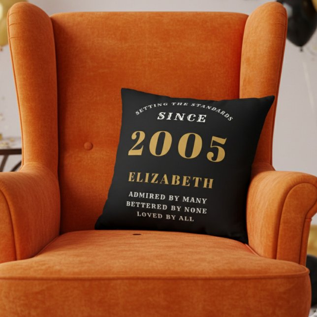 Cojín Decorativo 21st Birthday Gift Personalized 2005 Black Gold (2005 throw pillow in an orange chair)