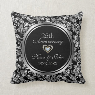Cojín Decorativo 25º Aniversario Boda De Plata Negra Y Metálica