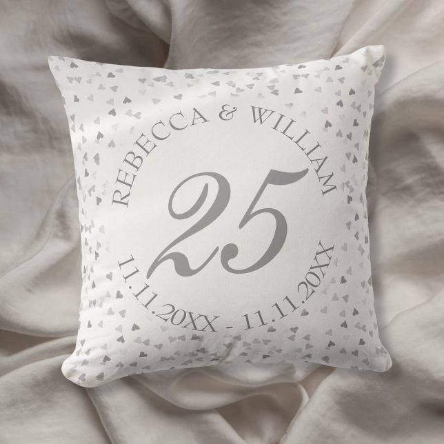 Cojín Decorativo 25° Aniversario del Boda Confetti (25th Wedding Anniversary Silver Hearts Confetti Throw Pillow)