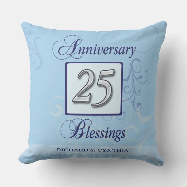 Cojín Decorativo 25 años en azul y plata (Anverso)
