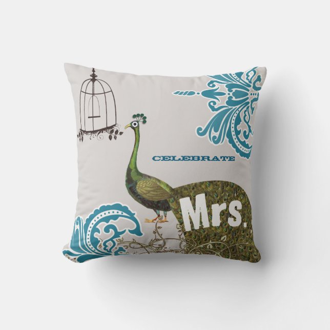 Cojín Decorativo 2.º Aniversario Damask Peacock Birdcage Sra. (Anverso)