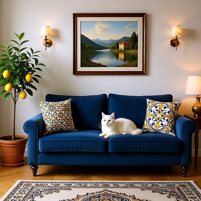 Cojín Decorativo 💙 💛 2 lados Azulejos azules y amarillos 9 Tire d (2 sides blue and yellow Azulejos 9  Throw Pillow)