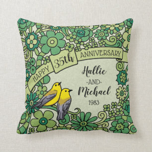 Cojín Decorativo 35to aniversario personalizado, pájaros florales