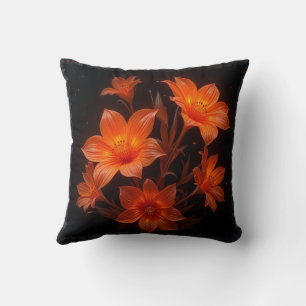 Cojín Decorativo 3.ª flor naranja quemada por neón sobre fondo negr