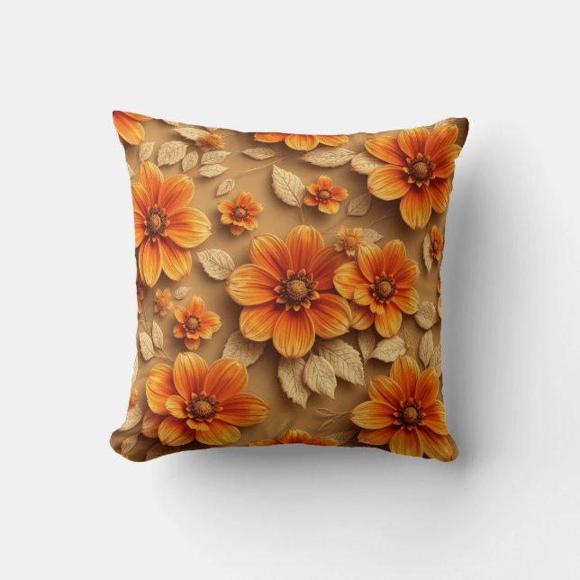 Cojín Decorativo 3 d flores naranjas quemadas arrojan almohada, (Anverso)