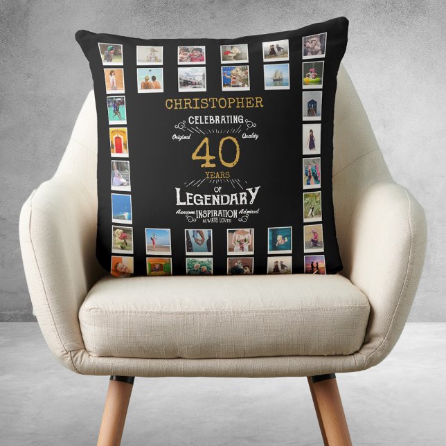 Cojín Decorativo 40.ª fama de oro negro (40th Birthday Black Gold Legendary Photo Throw Pillow
)