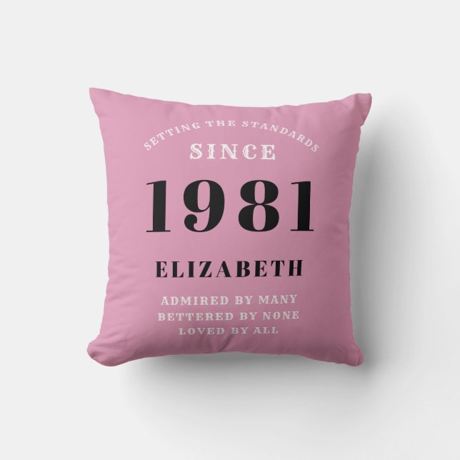 Cojín Decorativo 40.º cumpleaños 1981 Girona negra rosa personaliza (Anverso)