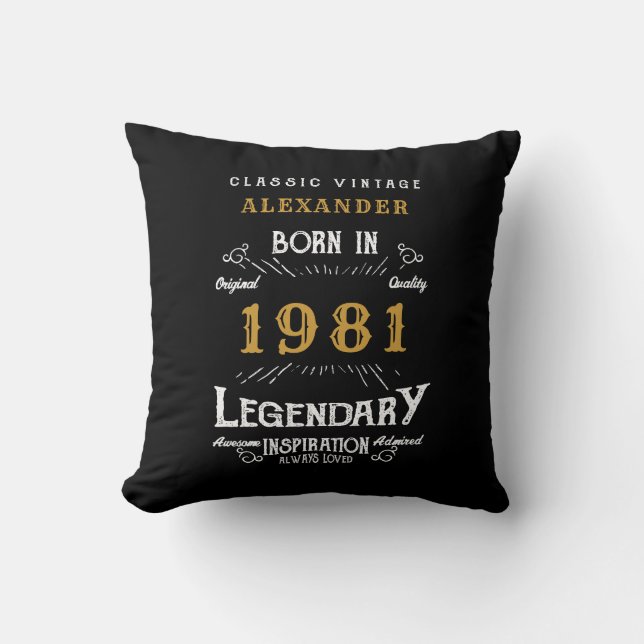 Cojín Decorativo 40.º cumpleaños nacido en 1981 retro negro persona (Anverso)