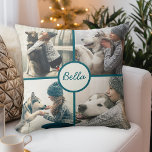 Cojín Decorativo 4 Foto Mascota Perro personalizado con nombre<br><div class="desc">Muestra 4 de tus fotos de perro favoritas con esta almohada de acento de plantilla de fotos personalizado. Incluye fotos cuadradas en forma de perro y una plantilla de texto para personalizar con su nombre. La parte posterior de la almohada, acentuada con la rejilla verde azulada y el nombre del...</div>