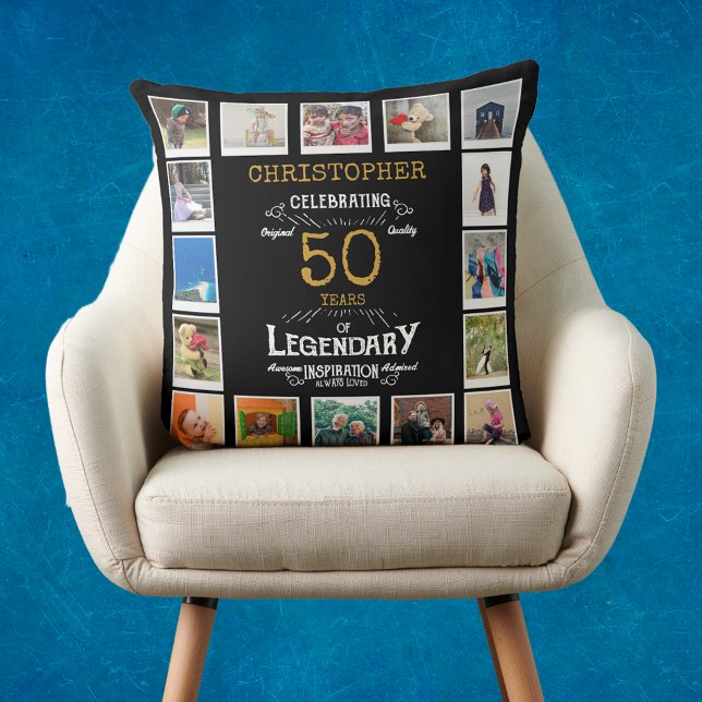 Cojín Decorativo 50.º Collage de fotos de oro negro (Personalized 50th birthday gift throw pillow with 16 photos of your choice.)