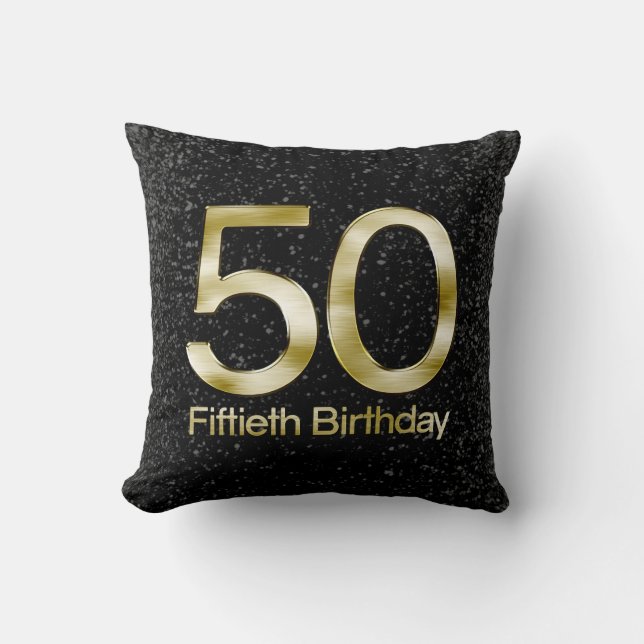 Cojín Decorativo 50.o Cumpleaños, encanto negro elegante del oro (Anverso)