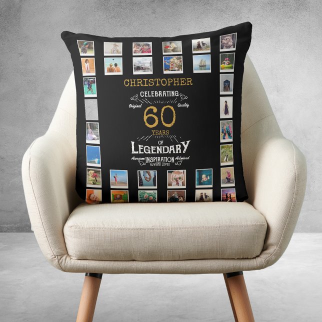 Cojín Decorativo 60.ª fama de oro negro (60th Birthday Black Gold Legendary Photo Throw Pillow
)