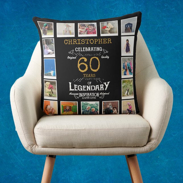 Cojín Decorativo 60.º Collage de fotos de oro negro (Personalized 60th birthday gift throw pillow with 16 photos of your choice)