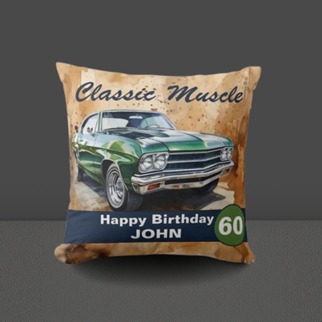 Cojín Decorativo 60.º cumpleaños, carro muscular clásico (Celebrate in style with our classic green muscle car illustration! )