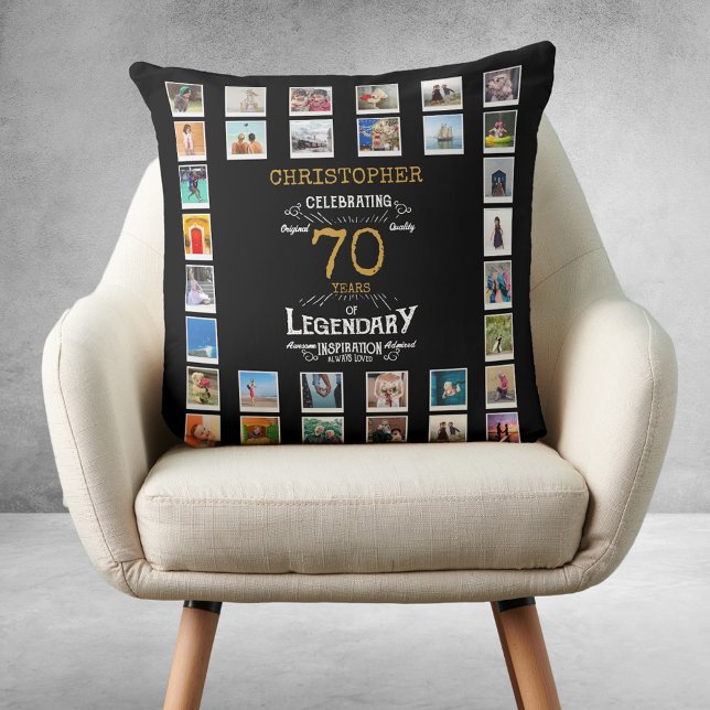 Cojín Decorativo 70.ª fama legendaria de oro negro (70th Birthday Black Gold Legendary Photo Throw Pillow
)
